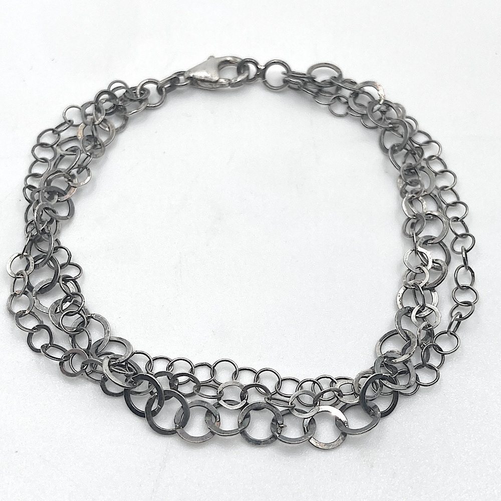 𝅺vtg Sterling Silver Multi Three Strand Circle Link Chain Bracelet 7.5”